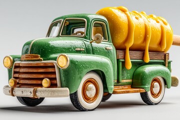 A vintage green truck biting into a dripping corn dog, mustard splashes on white background, surreal and clean car scene