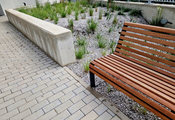 bordered, beautiful, white, retaining, entrance, sidewalk, aster, bench, town, metal, amellus,...
