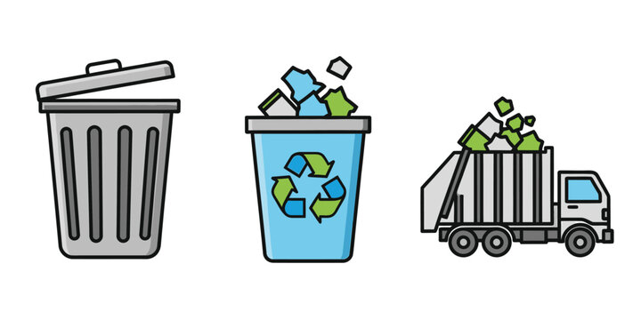 trash can, recycle bin and garbage truck vector icon set. garbage removal icons with recycle signs isolated on white background	
