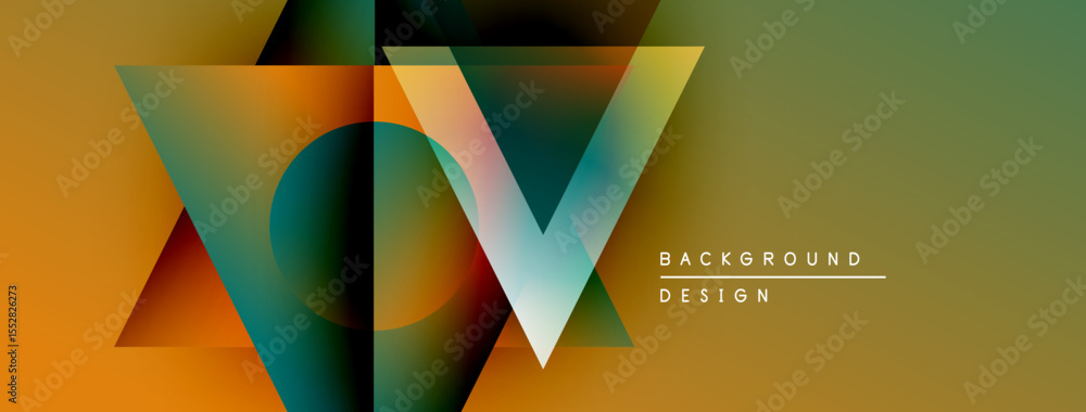 Poster Abstract geometric design. Overlapping triangles create vibrant color gradients, forming letter V. Modern background for presentations.