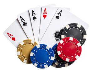 Obraz premium Top View of Classic Casino Chips and Playing Cards Arrangement, Isolated on Transparent Background