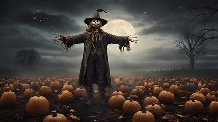 Scarecrow with Jack-o Lantern Head Standing in Pumpkin Field Under Full Moon During Dark Cloudy Night