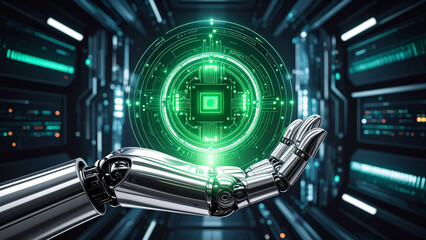 Fototapeta premium Close-Up of a Chrome Metallic Hand Holding a Glowing Digital Green Orb – Retro-Futurism Concept with Sci-Fi Aesthetic and Neon Energy
