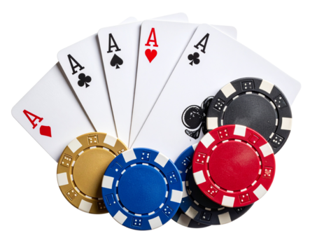 Top View of Classic Casino Chips and Playing Cards Arrangement, Isolated on Transparent Background