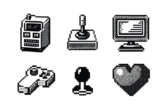 8-bit Video Game Icon Pack. Retro Pixel Art Vector Set of Classic Gaming Items. Monochrome Technical Illustration Style Symbols