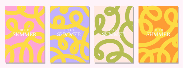 Creative concept of summer bright and juicy cards set. Modern abstract art design with wavy shapes and lines. Templates for celebration, ads, branding, banner, cover, label, poster, sales