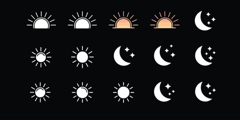 Obraz premium Time of the day signs. Rising and setting sun, crescent moon and stars, day and night time symbols. Vector illustration 