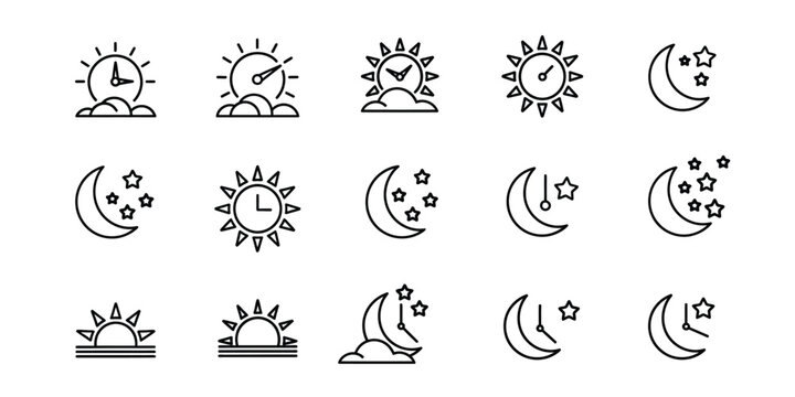 Time of the day signs. Rising and setting sun, crescent moon and stars, day and night time symbols. Vector illustration	