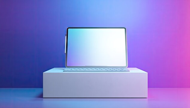 A sleek tablet with a stylus rests on a white cube, accompanied by a keyboard, all set against a vibrant purple and blue gradient backdrop