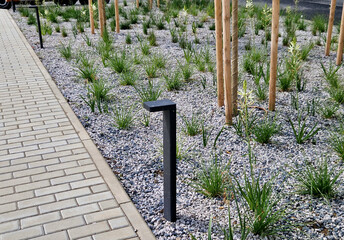 grass bed on the promenade. on the edge of the flower bed are pillar lamps with a beveled top....