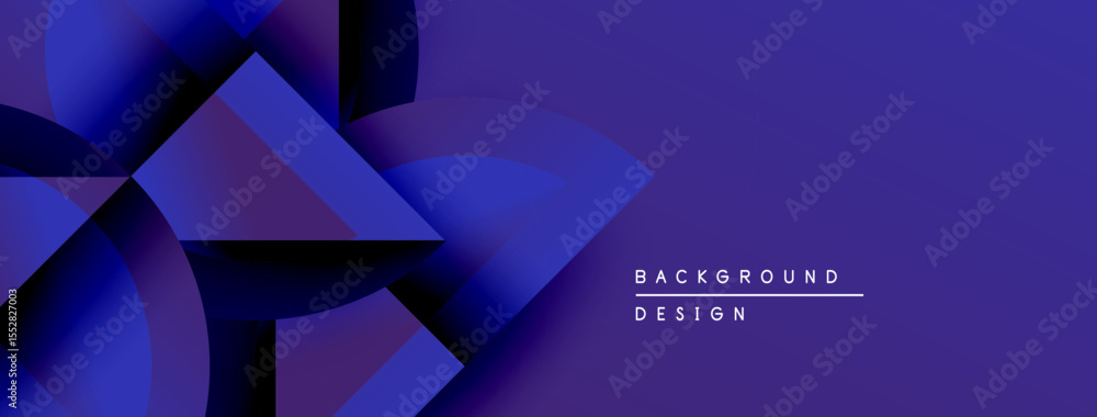 Poster Abstract geometric shapes, blue gradients, modern design. Background features overlapping forms, creating dynamic visual effect.