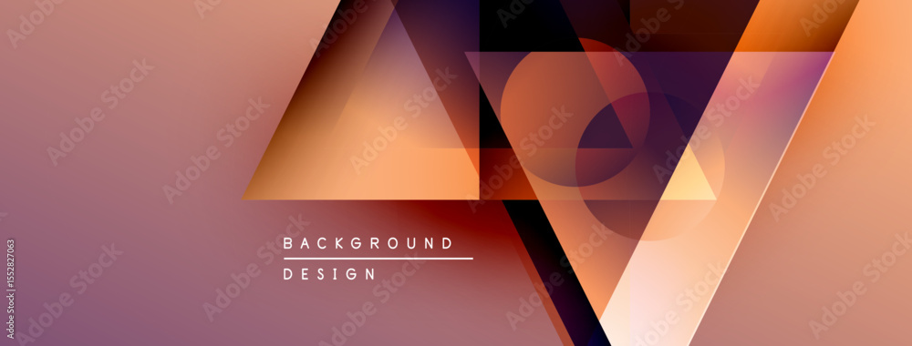 Poster abstract geometric shapes overlap, creating warm gradient effect. design features orange, purple hue
