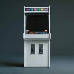 A sleek, white arcade cabinet with a dark screen, colorful buttons, joysticks, and coin slots, set against a gray backdrop