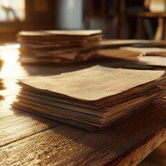 Close-up of stacks of papers on a wooden tabletop