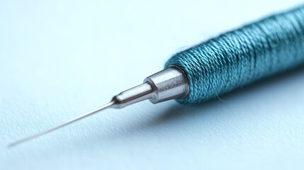 A macro shot of a delicate, slender needle wrapped in teal thread, highlighting its sharp point and intricate texture against a soft, light blue background, emphasizing precision.

