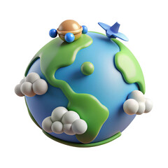Fototapeta premium Stylized 3d cartoon globe with clouds a spaceship and an airplane flying around the planet