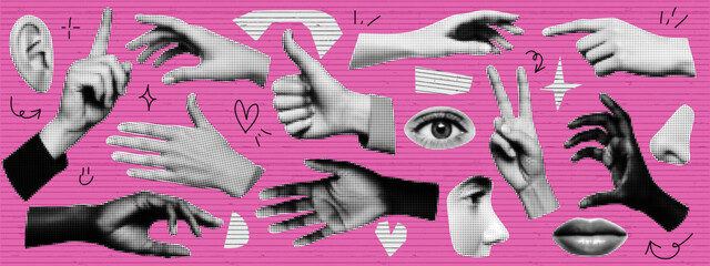 Set of hands and eyes and lips in popart halftone style at the pink bg with doodles and scribbles. Grunge effect with paper torn parts. Collage scrapbook elements. Emo y2k style.