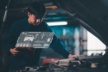 A mechanic uses futuristic diagnostic technology to analyze an electric vehicle"s engine in a workshop.