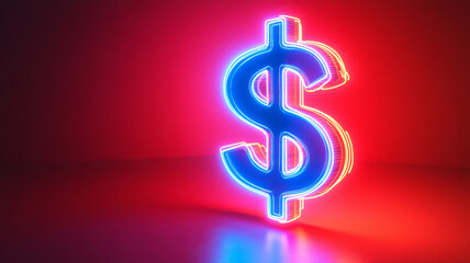 Obraz premium Neon glowing dollar sign in red and blue light.