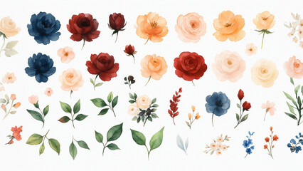 Set of watercolor arrangements featuring garden roses &mdash; a collection of pink flowers, leaves, and branches. Botanical illustrations isolated on a white background.