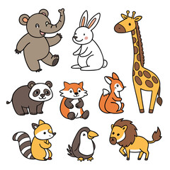 Obraz premium Cartoon Animal Icons – Cute Vector Style Pack | Animal Icon Set – Adorable Cartoon Creatures Vector | Flat Cartoon Animals – Icon Collection for Kids and Apps