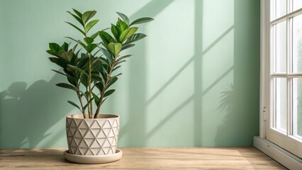 A ficus plant in a geometric pot sits on a wooden surface