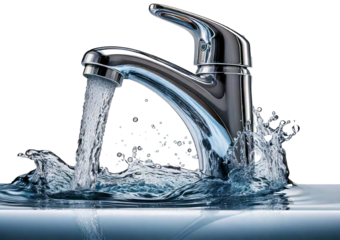 Modern chrome faucet with flowing water and splashing drops isolated on a transparent or white background