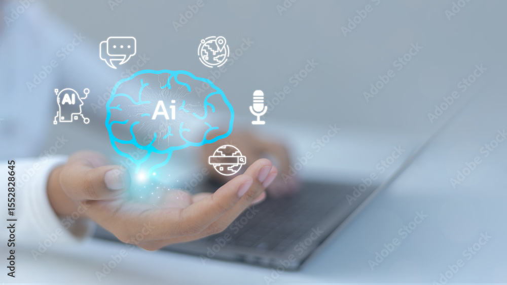 Poster a conceptual image of a hand holding a glowing brain with ai icons, representing artificial intellig
