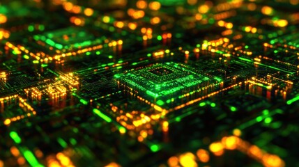 Obraz premium An illuminated green and yellow circuit board illustration