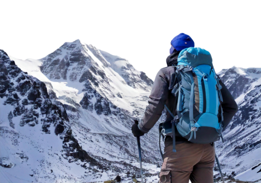 Mountain climber with backpack viewing snow-covered peaks isolated on a transparent or white background