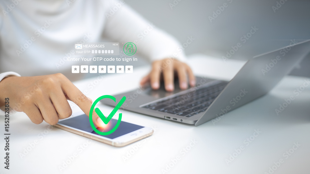 Poster a person entering a one-time password otp on a smartphone with a green check mark confirming login s