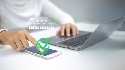 A person entering a one-time password OTP on a smartphone with a green check mark confirming login success.