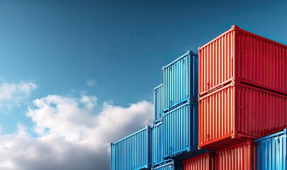 Stacked red and blue shipping containers against a vibrant blue sky with fluffy white clouds (1)