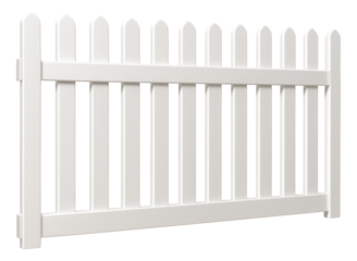 Vinyl fence panels in a white picket style, commonly used for charming front yard boundaries in residential areas.