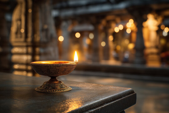 Clay diya glowing on brass deepam stand inside ornate Indian temple with golden spiritual lighting