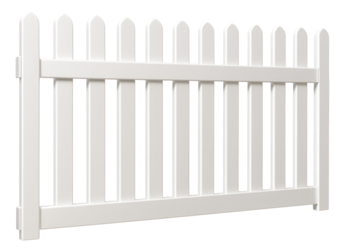 Vinyl fence panels in a white picket style, commonly used for charming front yard boundaries in residential areas.