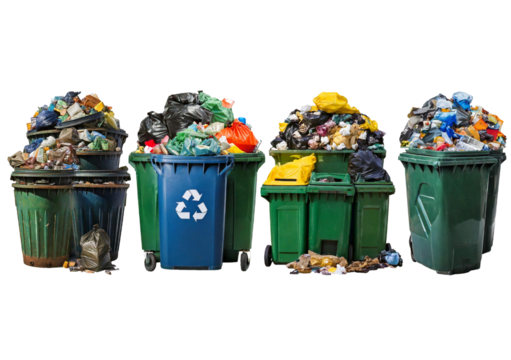 Set Overflowing trash bins filled with garbage, isolated on a transparent or white background