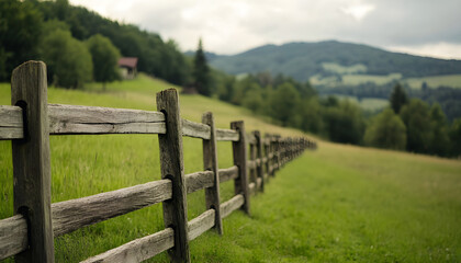 Fototapeta premium Wooden fence in green landscape.