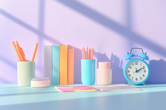 Colorful school supplies and clock on white background