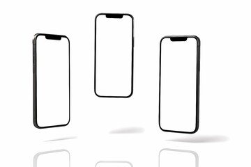 Blank mobile phone on white. Blank mobile phone in the air. blank smartphone in the air, space for text