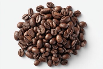Fototapeta premium A small pile of dark roasted coffee beans, slightly unevenly distributed, rests on a bright white background. The beans are predominantly brown, displaying variations in shade and gloss