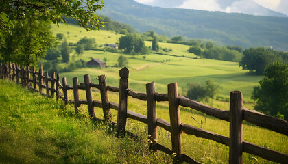 Fototapeta premium Wooden fence in green landscape.