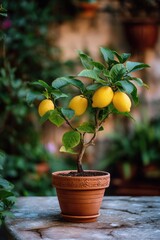 A small potted lemon tree with four ripe, yellow lemons and vibrant green leaves sits on a stone surface outdoors amongst lush greenery