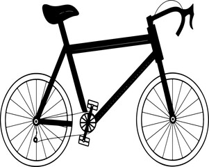 A black silhouette of a classic bicycle, with clear handlebars, a seat, and wheel spokes.
