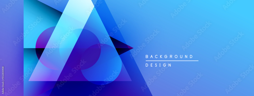 Poster Abstract geometric shapes overlap, creating vibrant blue gradient background. Modern design elements suggest technology, innovation.