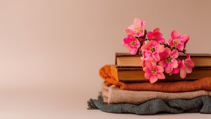Fototapeta premium Stacked books and fabrics, pink blossoms