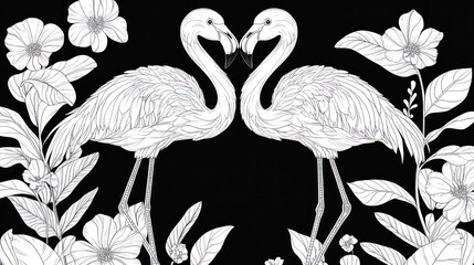 Flamingo art, black and white flowers