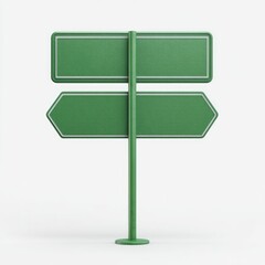 Obraz premium A green, double-sided street sign with rectangular and arrow-shaped panels, mounted on a slender pole with a circular base against a white background