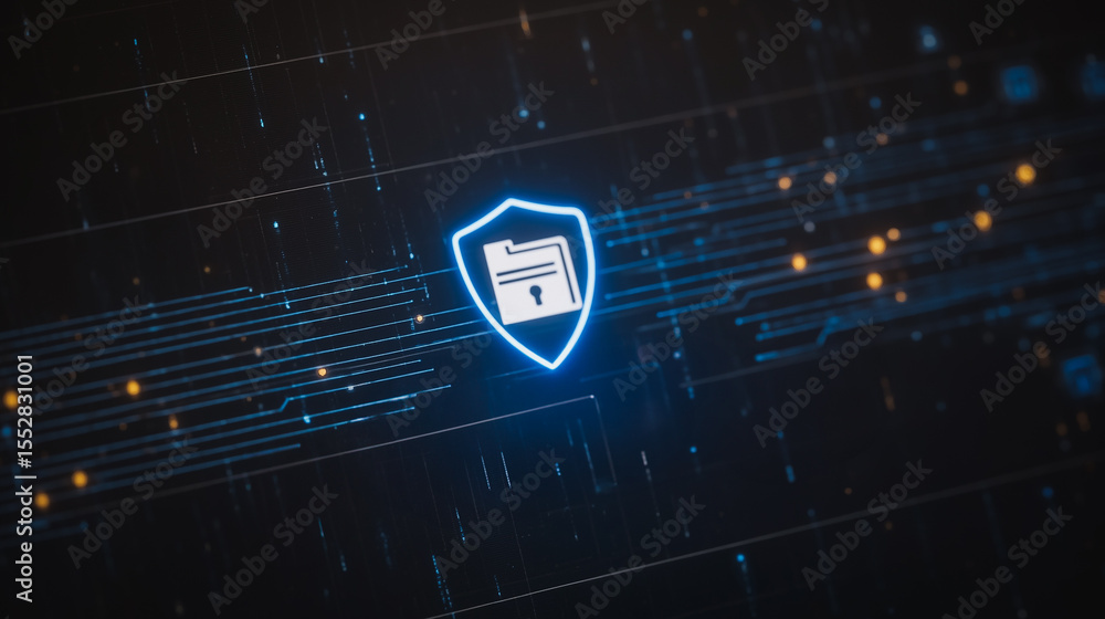 Poster cybersecurity shield: a digital shield, emblazoned with a glowing file icon, signifies the robust pr