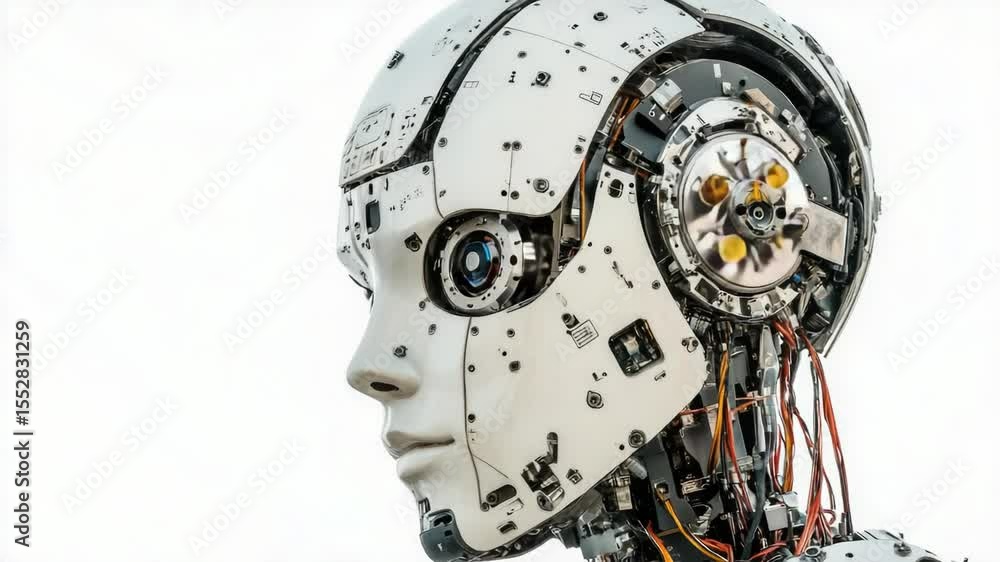 Poster A close-up view of a robot's head with exposed wires and machinery, suitable for use in technology or sci-fi related projects